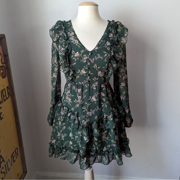 Long Sleeve Green Floral Ruffle Mini Dress Size 8 - Picture 5 of 6